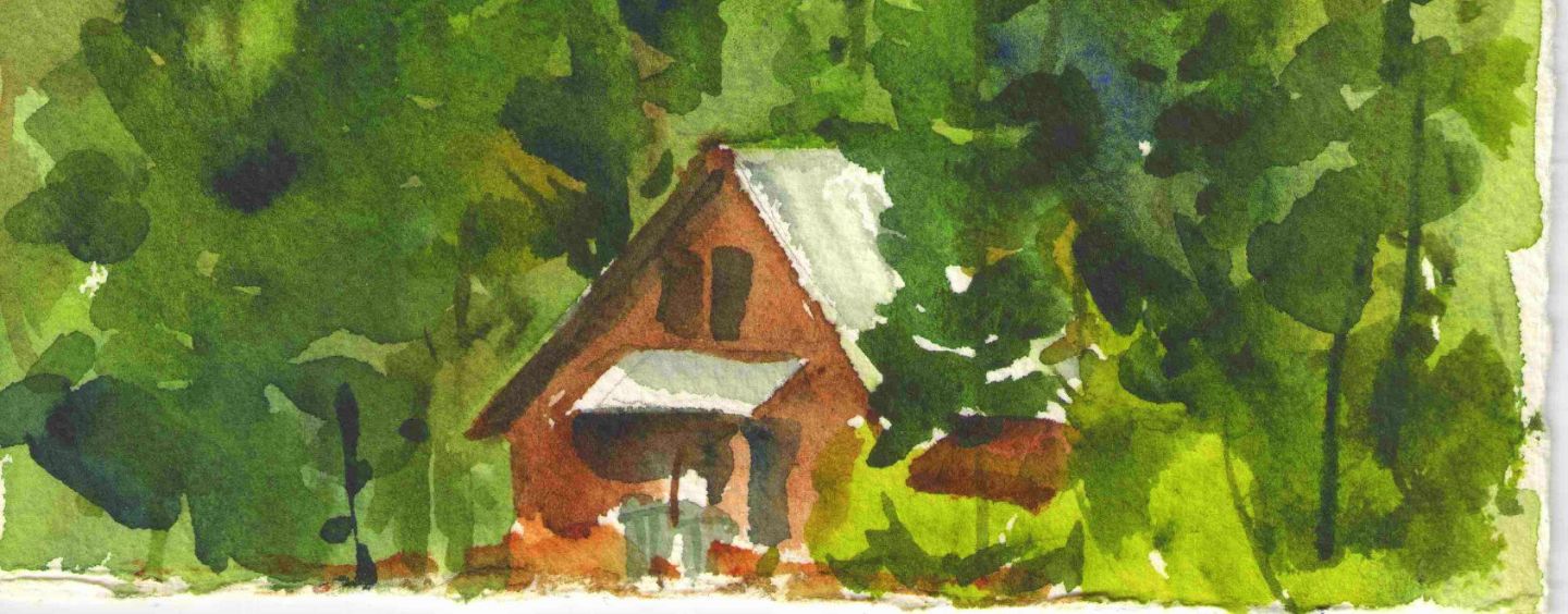 Watercolor painting of a cabin in the trees