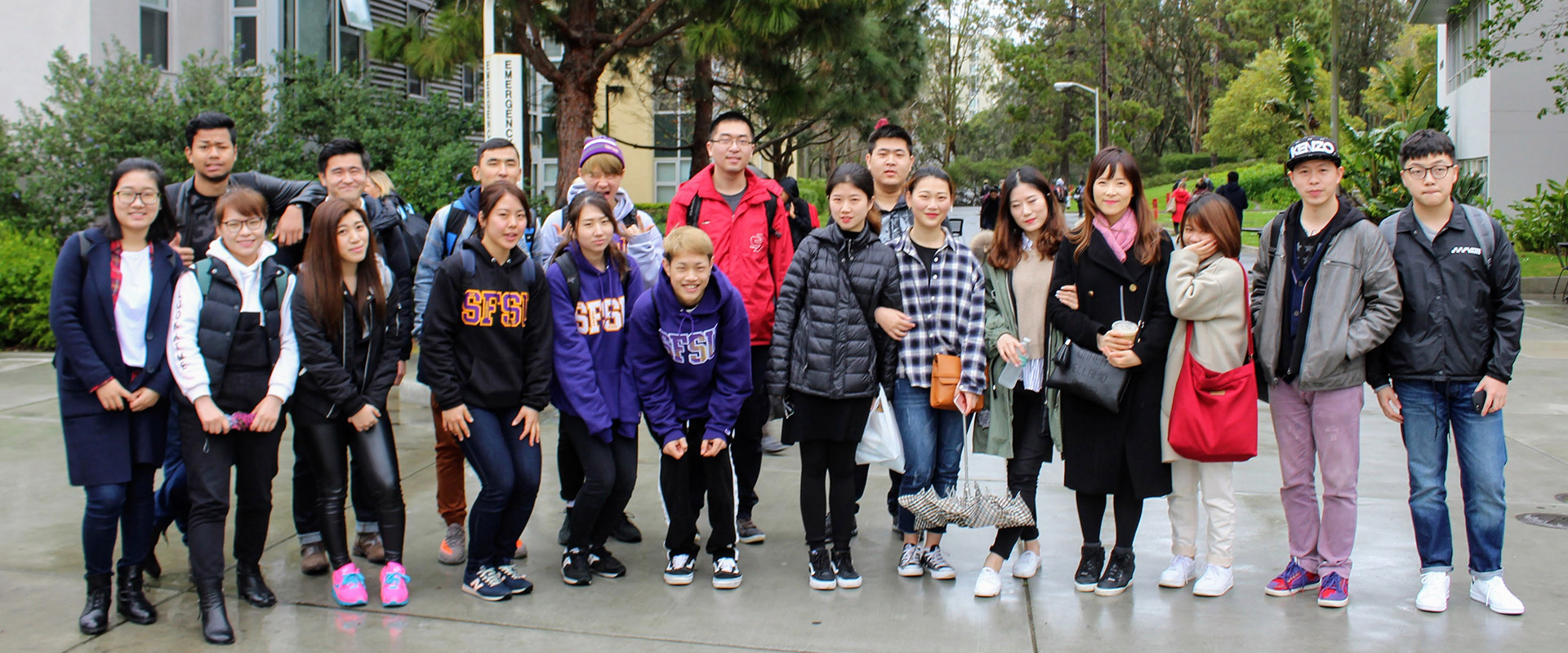 American Language Institute students on the SF State campus on a rainy day