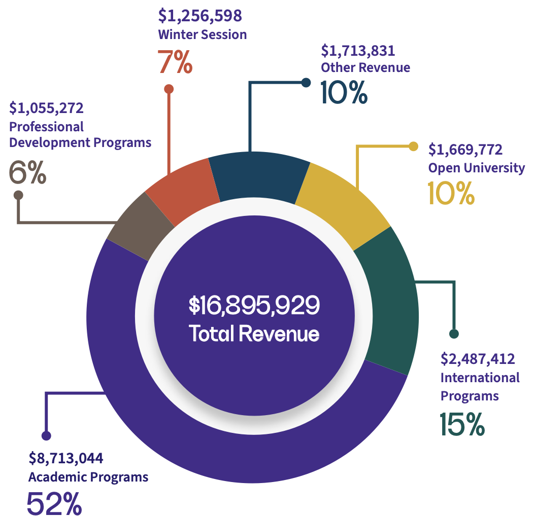 Donut chart titled ‘Revenue Breakdown by Program, 2024–25’ showing total CPaGE revenue of $16,895,929. Academic Programs account for $8,713,044, or 52 percent. International Programs account for $2,487,412, or 15 percent. Open University contributes $1,669,772, or 10 percent. Other Revenue totals $1,713,831, or 10 percent. Winter Session contributes $1,256,598, or 7 percent. Professional Development Programs account for $1,055,272, or 6 percent.