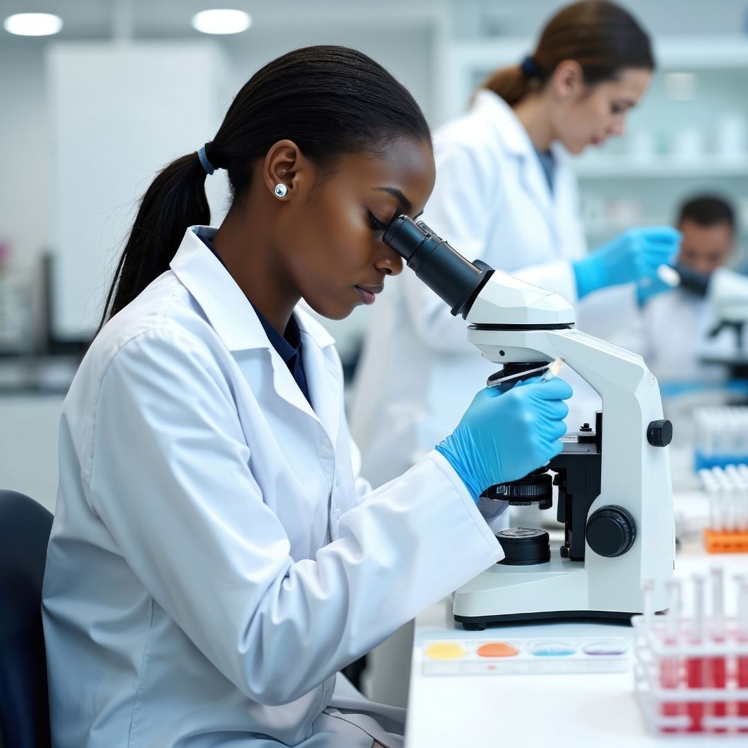 Specialist in Blood Bank Technology working in a lab and looking into a microscope