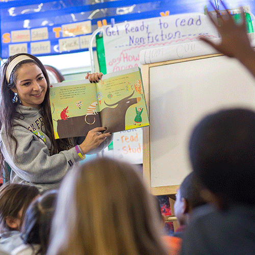 Teacher reads a book to a class of young students, who raise their hands