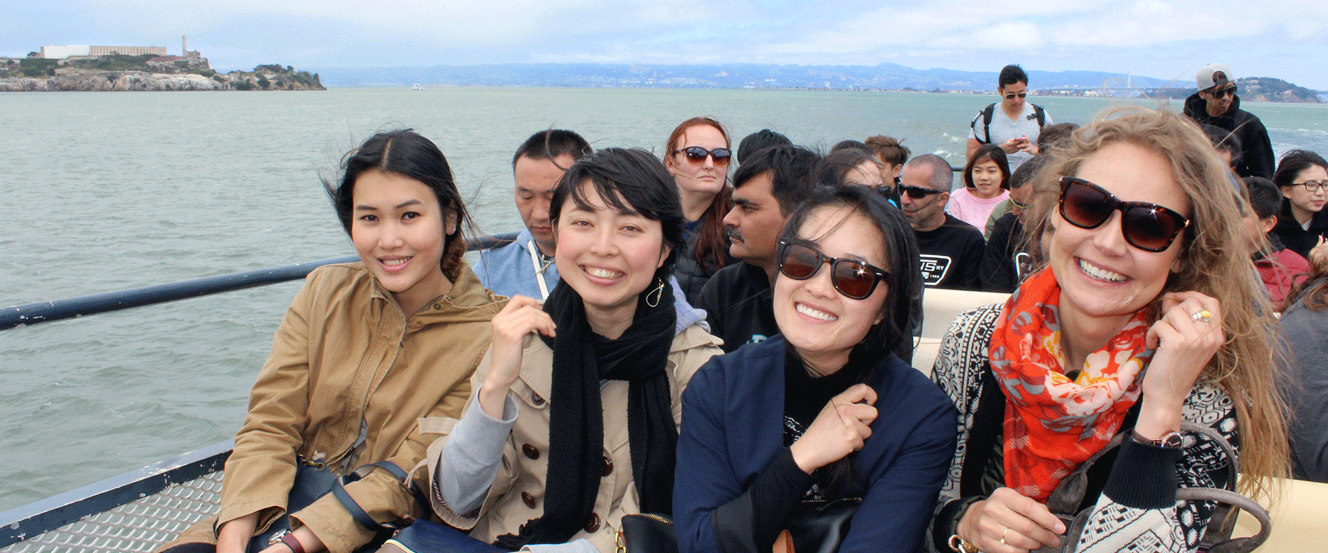 International students on a bay cruise