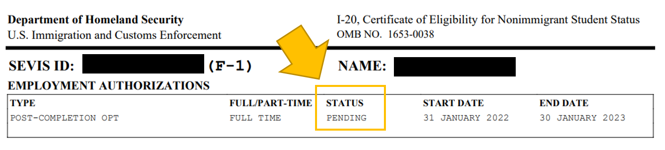 Post-completion status shows as "pending" on I-20, Certificate of Eligibility for Nonimmigrant Student Status