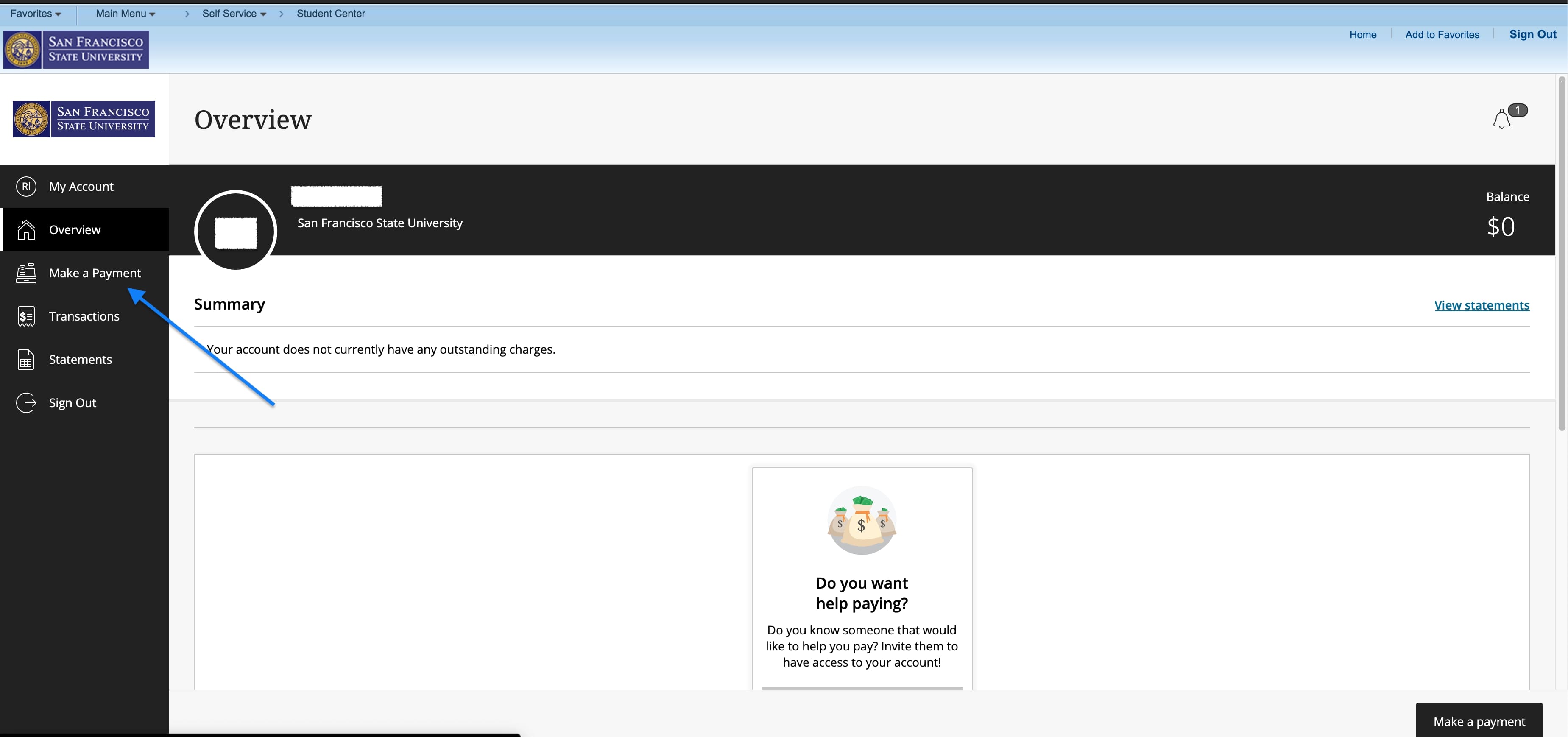 Select the Make a Payment link from the menu on the left-hand side.