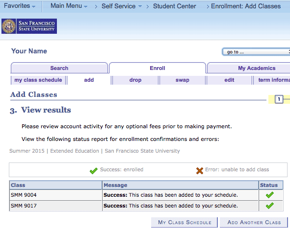 You are now registered in classes and ready to pay