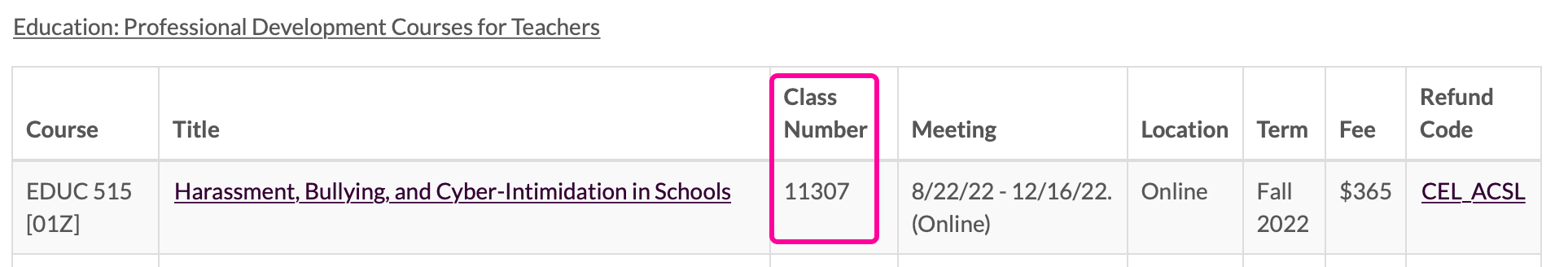 Write down the Class Number for the course