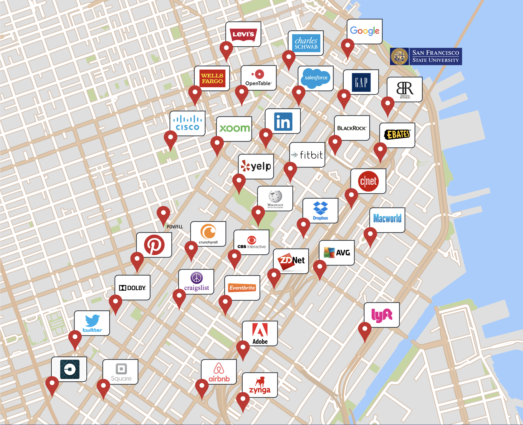A map of tech companies near the SF State Downtown Campus