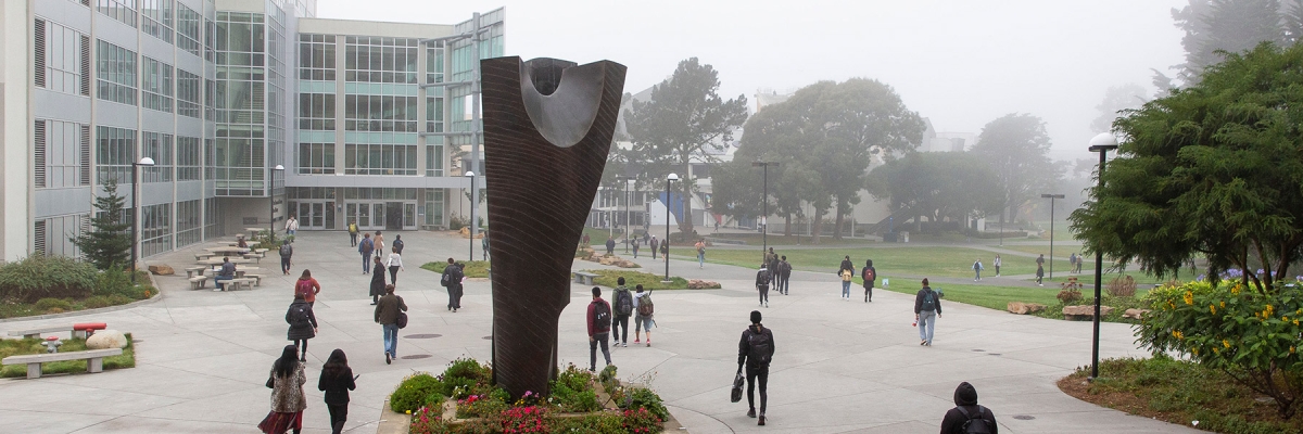 Campus and sculpture in the winter fog