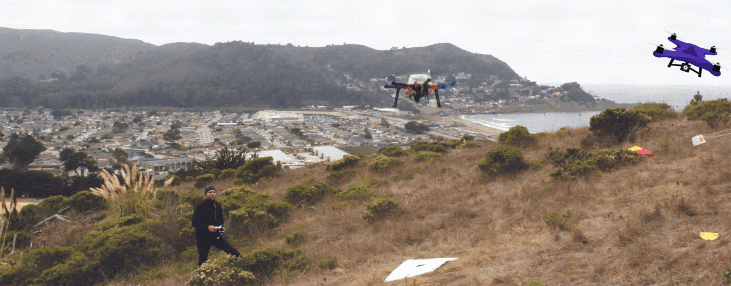 GIS student flying a mapping drone in an outdoor class, with an animation of a drone in the sky