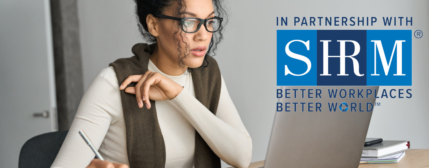 Woman takes online SHRM certification prep course. SHRM logo.