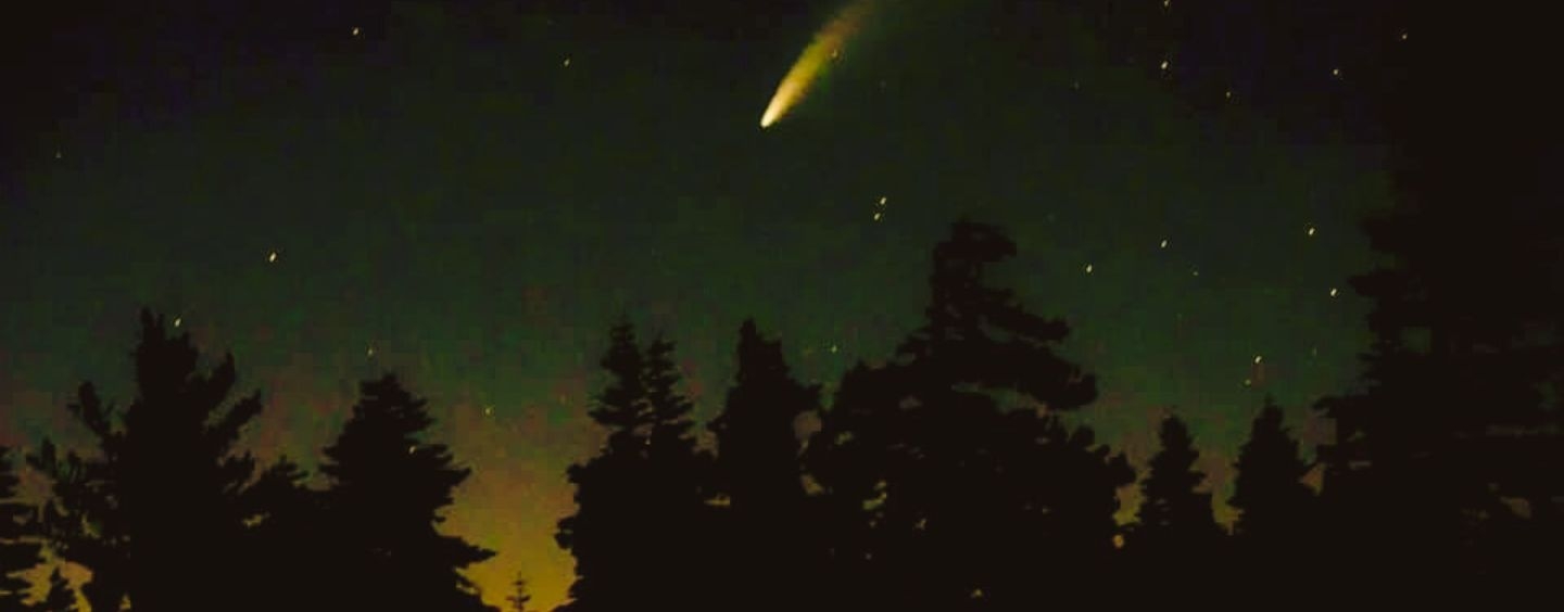 A comet streaks through the starry sky over the Sierra Nevada Field Campus