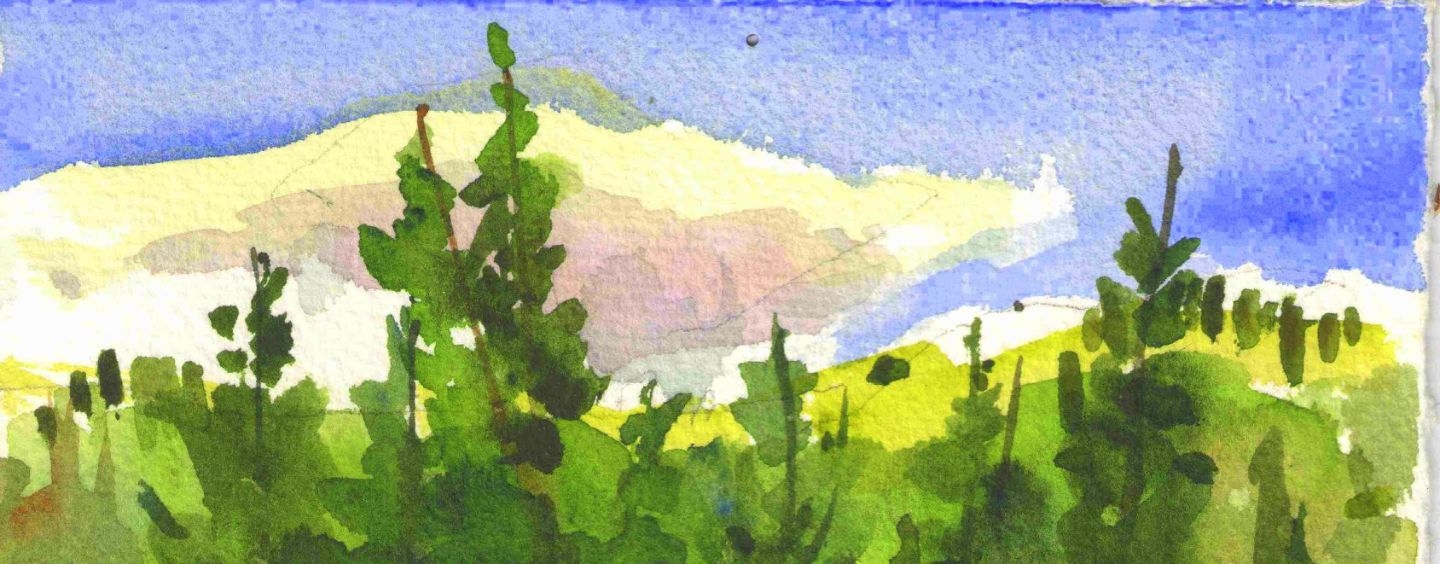 Sierra sky and tree tops painted in watercolor