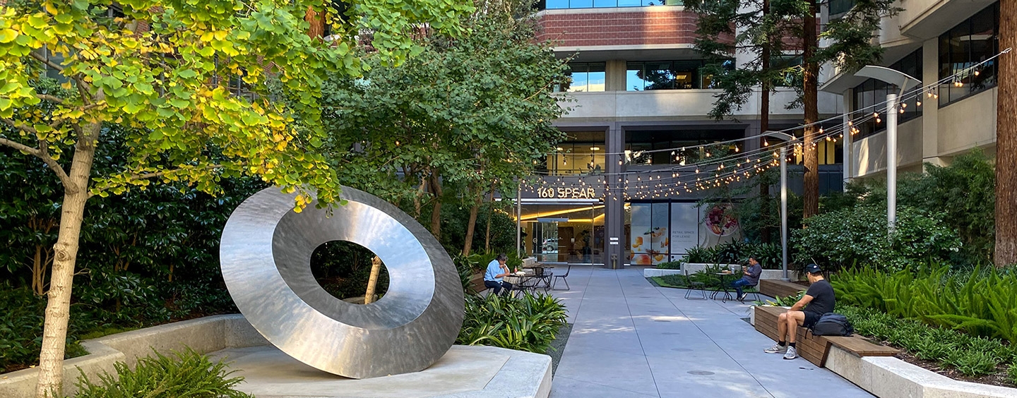 Sculpture and courtyard at SF State Downtown Campus on Spear Street
