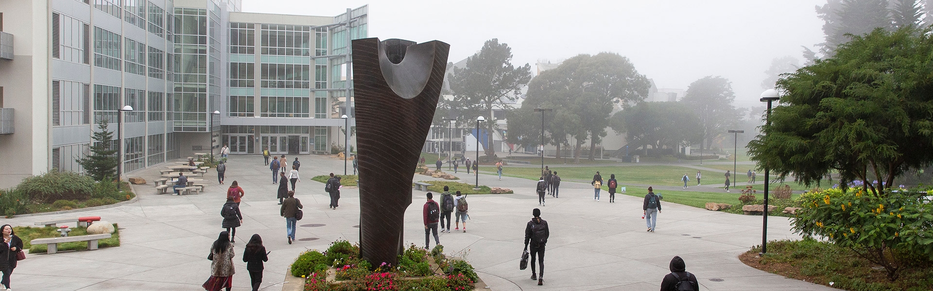 Campus and sculpture in the winter fog