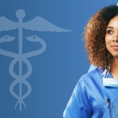 Woman in medical clothing looks at caduceus