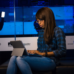 CompTIA student studying at work, by the network room