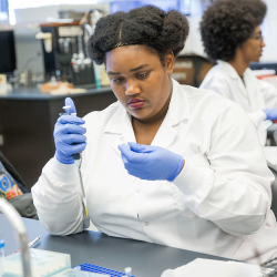Student in lab coat and gloves works with pipette in the lab