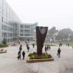 Sculpture on campus in the winter fog