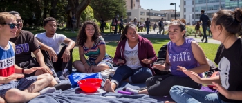Group of SF State students sit and talk on the campus lawn