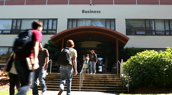 Students enter the Business Building