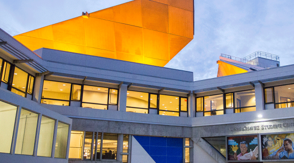 SF State's student union, lit up in the evening