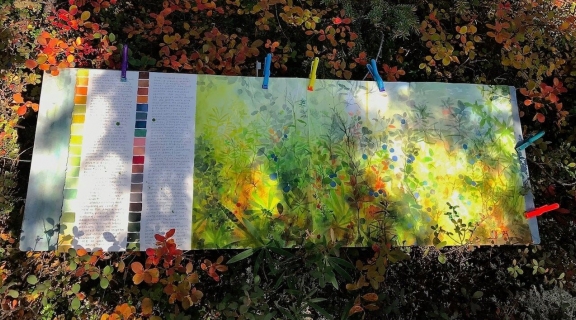 Painting and color palette on top of fallen autumn leaves